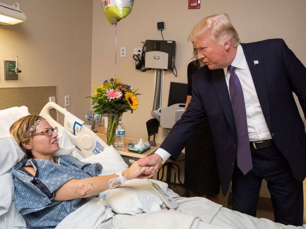PHOTO: President Donald J. Trump and First Lady Melania Trump visit with patient Natalie Vanderstay of Santa Clara, Calif., October 4, 2017, at the University Medical Center of Southern Nevada in Las Vegas.