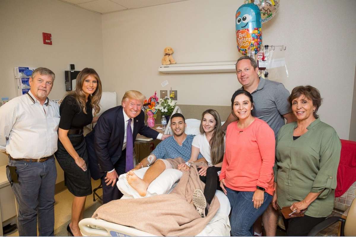 PHOTO: President Donald J. Trump and First Lady Melania Trump visit with patient Michael McDaniel of Las Vegas, October 4, 2017, at the University Medical Center of Southern Nevada in Las Vegas. 