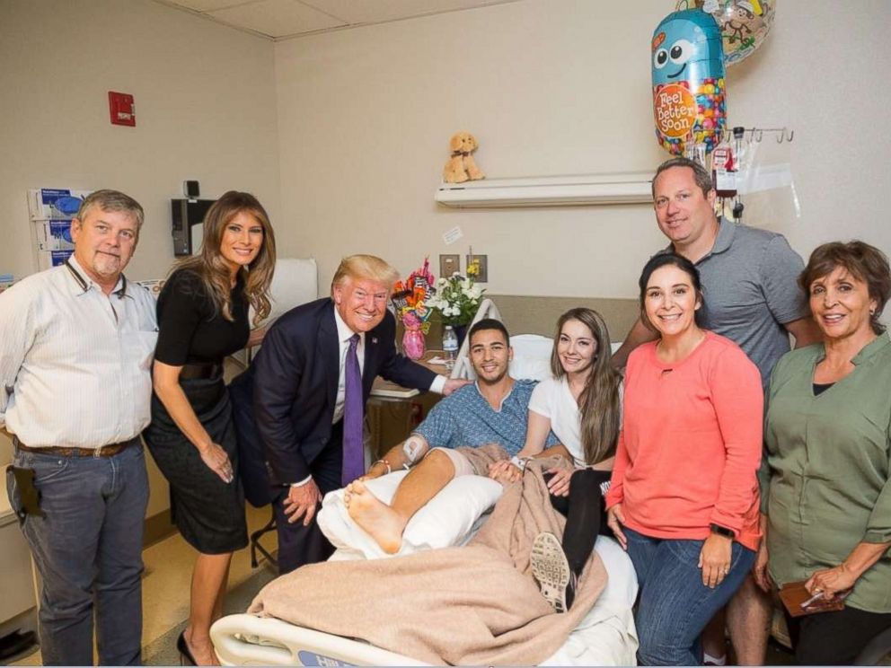 PHOTO: President Donald J. Trump and First Lady Melania Trump visit with patient Michael McDaniel of Las Vegas, October 4, 2017, at the University Medical Center of Southern Nevada in Las Vegas.