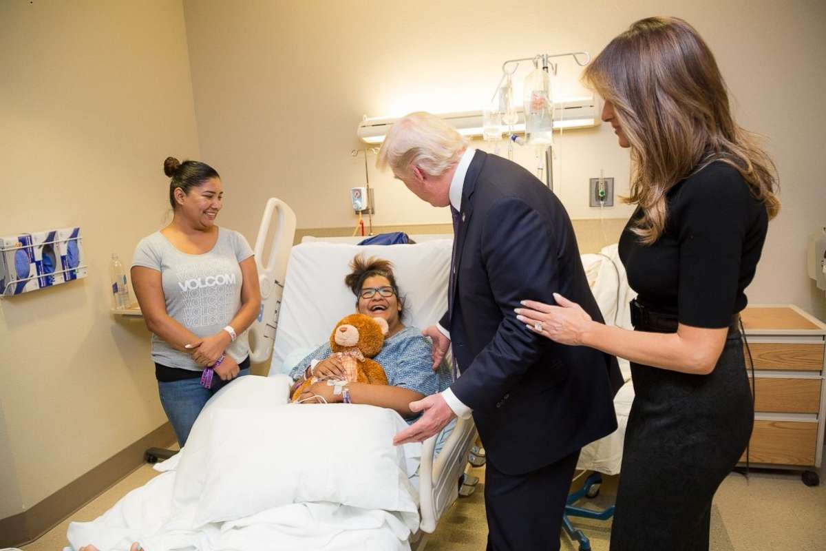 PHOTO: President Donald J. Trump and First Lady Melania Trump visit with patient Jenna Rushton of Southlake, Texas, Wednesday, October 4, 2017, at the University Medical Center of Southern Nevada in Las Vegas.