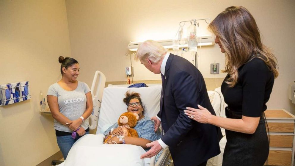 PHOTO: President Donald J. Trump and First Lady Melania Trump visit with patient Jenna Rushton of Southlake, Texas, Wednesday, October 4, 2017, at the University Medical Center of Southern Nevada in Las Vegas.