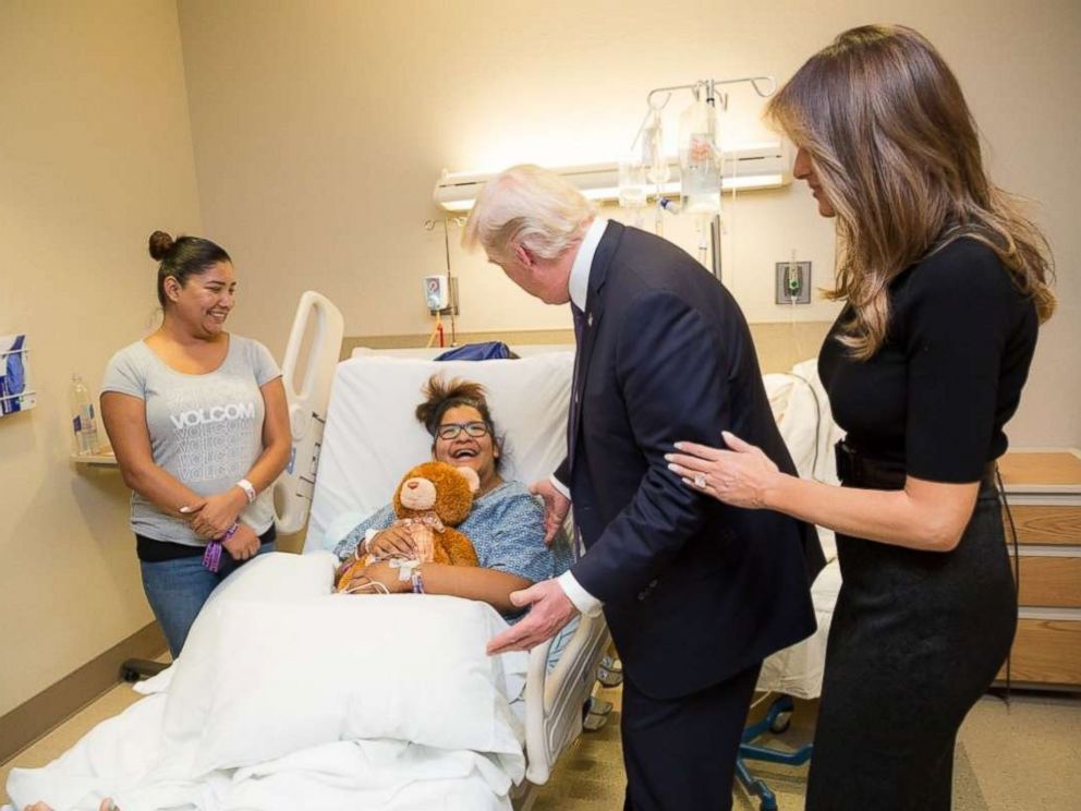 PHOTO: President Donald J. Trump and First Lady Melania Trump visit with patient Jenna Rushton of Southlake, Texas, Wednesday, October 4, 2017, at the University Medical Center of Southern Nevada in Las Vegas.