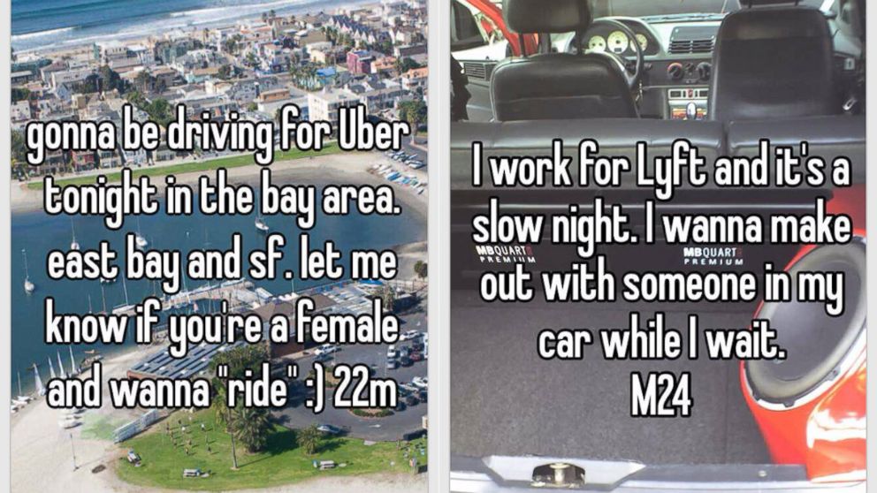 PHOTO: Sample posts from the Whisper app from users who claim to be drivers for Uber and Lyft.