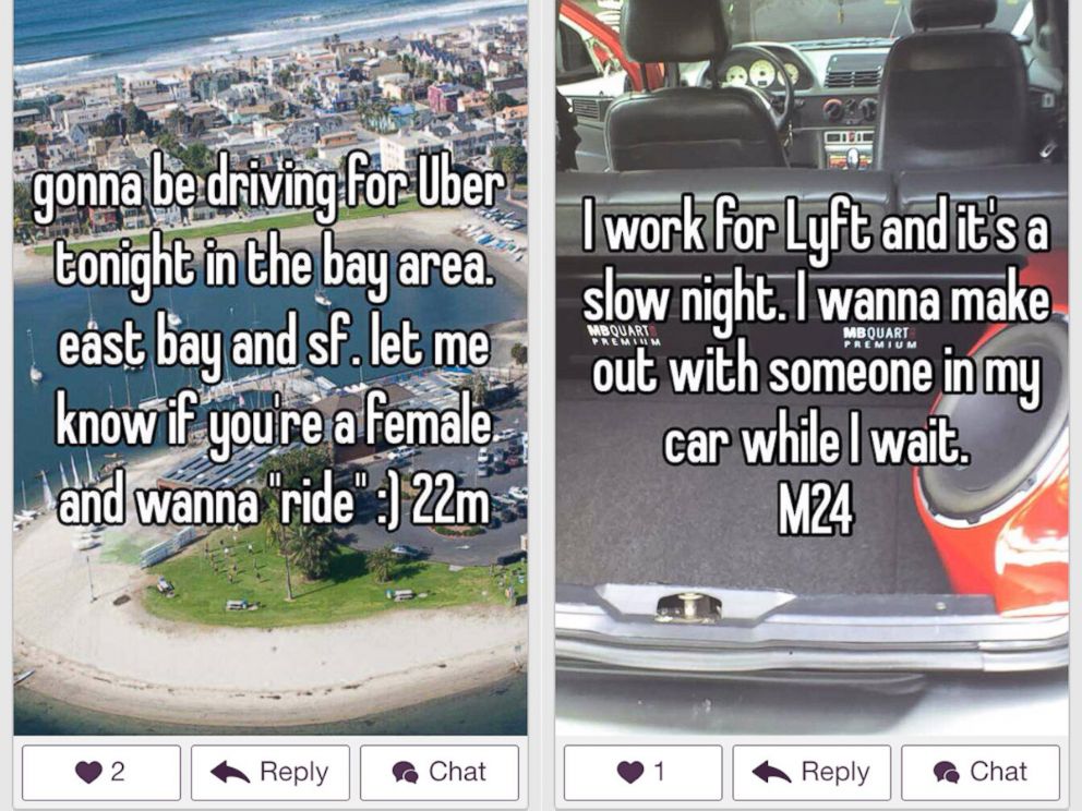 PHOTO: Sample posts from the Whisper app from users who claim to be drivers for Uber and Lyft.