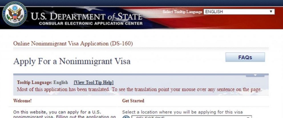 PHOTO: The U.S. Department of State non-immigrant visa application website is seen in a screen grab made on March 30, 2016.