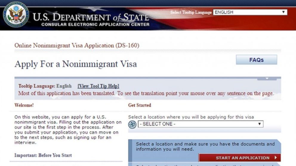 PHOTO: The U.S. Department of State non-immigrant visa application website is seen in a screen grab made on March 30, 2016.