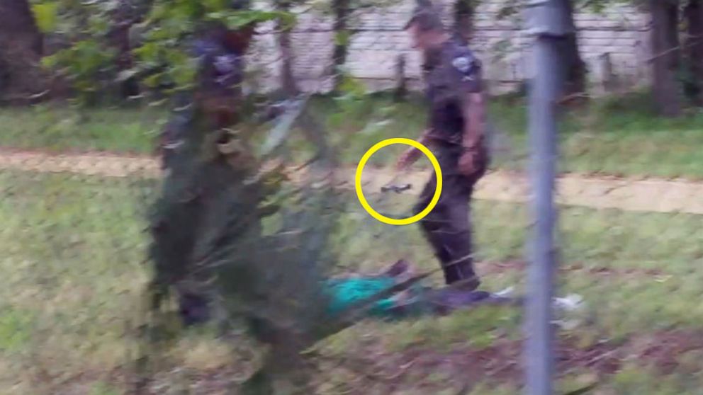 PHOTO: A sequence of images made from a bystander video shows Officer Michael Slager pursuing and then shooting Walter Scott in North Charleston, S.C. on April 4, 2015. Note: This image has been rotated and highlighting has been added by ABC News.