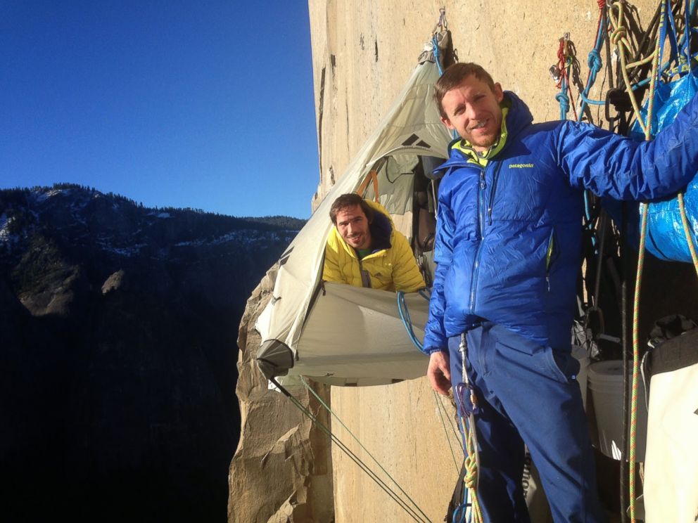 PHOTO: Kevin Jorgeson and Tommy Caldwell are seen in this undated photo in their camp on the face of El Capitan in Yosemite National Park, California. 
