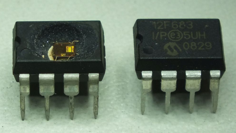 PHOTO: A normal chip (right) and a chip after being de-capped (left).