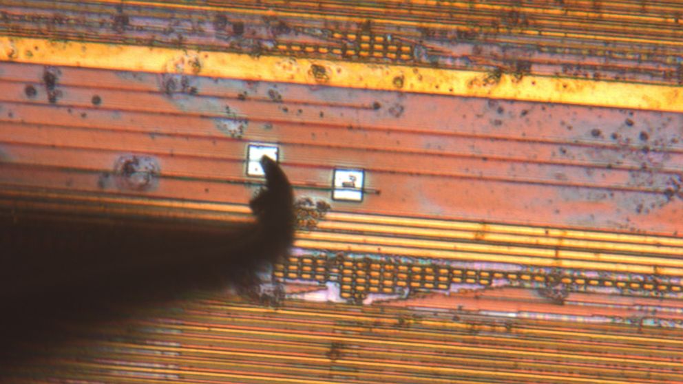 PHOTO: A probe lands on a pad on the microchip. The pads, the small white squares, are approximately half the width of a human hair.