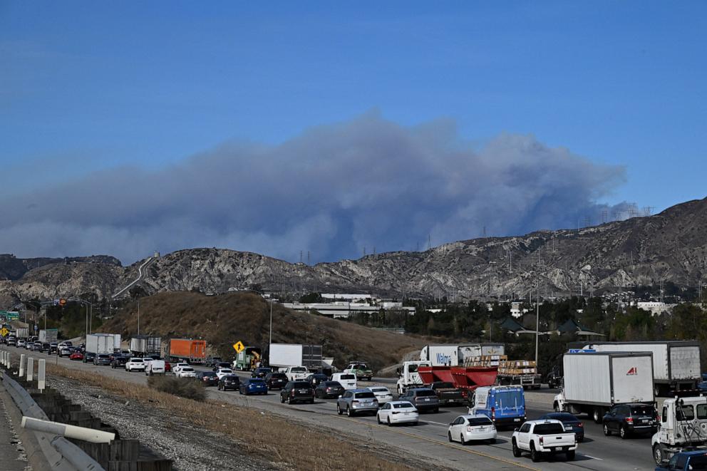 PHOTO: A plume of smoke is seen from the new Hughes fire in the Sylmar neighborhood of Los Angeles, on Jan. 22, 2025.