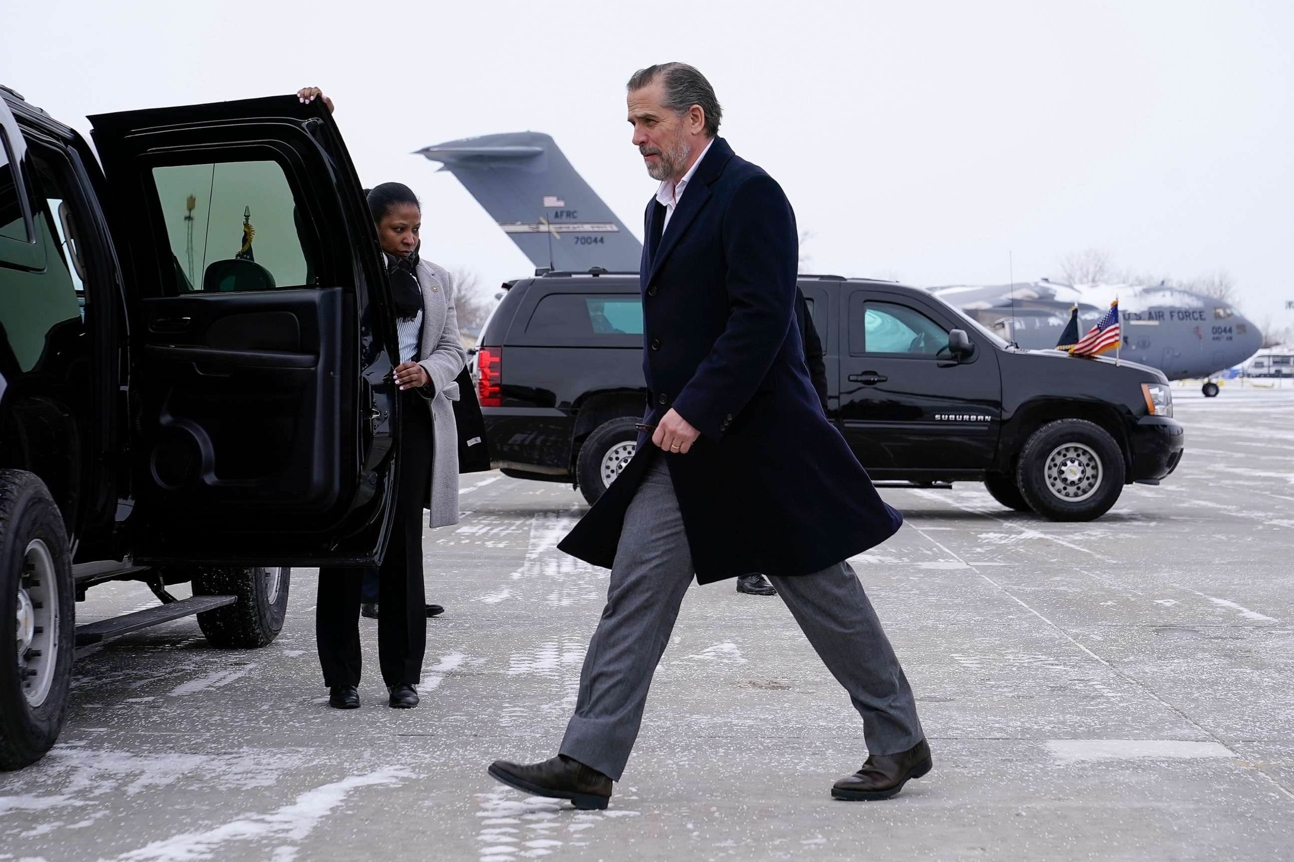PHOTO: Hunter Biden, son of President Joe Biden, walks to a motorcade vehicle after stepping off Air Force One with President Biden, Feb. 4, 2023, at Hancock Field Air National Guard Base in Syracuse, N.Y.