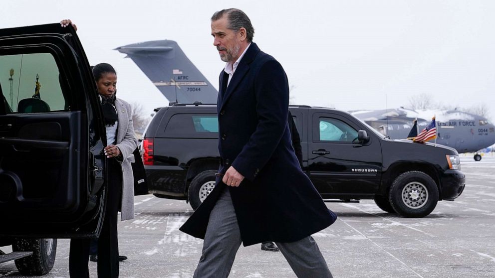 PHOTO: Hunter Biden, son of President Joe Biden, walks to a motorcade vehicle after stepping off Air Force One with President Biden, Feb. 4, 2023, at Hancock Field Air National Guard Base in Syracuse, N.Y.