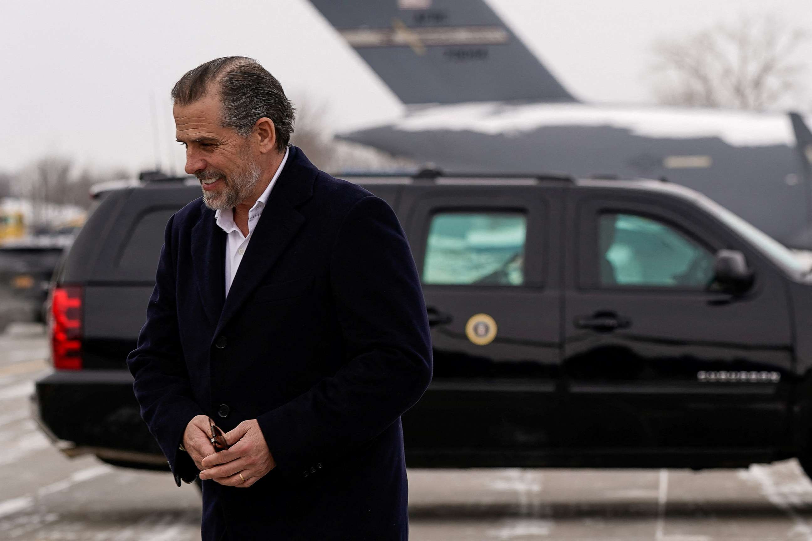 PHOTO: Hunter Biden walks to a vehicle after disembarking from Air Force One with his father, President Joe Biden, at Hancock Field Air National Guard Base in Syracuse, New York, Feb. 4, 2023.