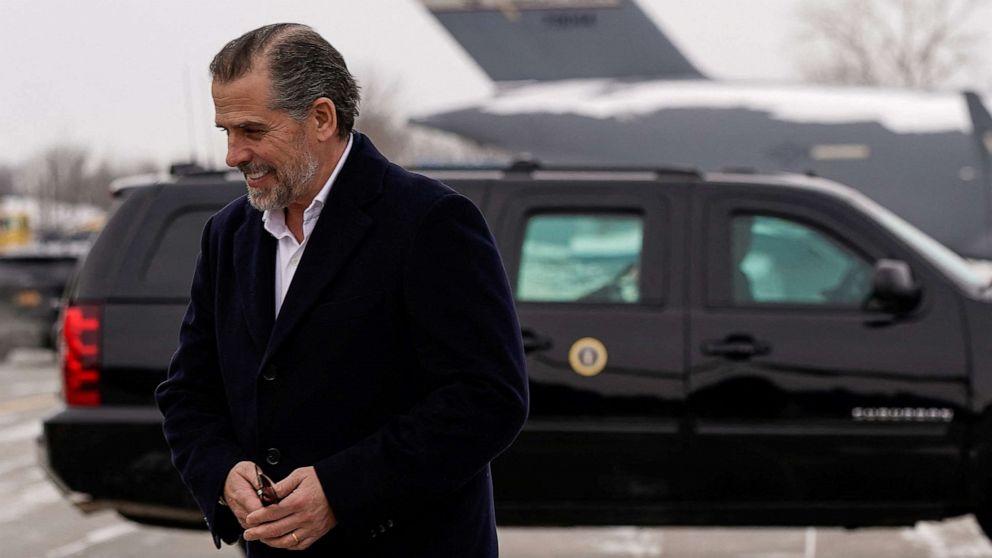 PHOTO: Hunter Biden walks to a vehicle after disembarking from Air Force One with his father, President Joe Biden, at Hancock Field Air National Guard Base in Syracuse, New York, Feb. 4, 2023.