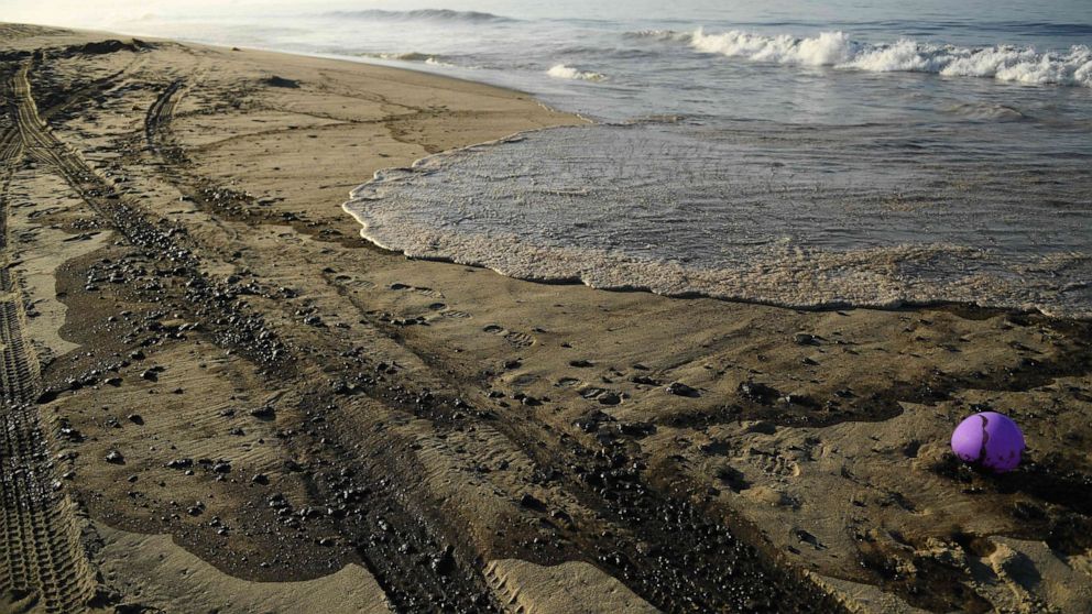 PHOTO: Oil is seen on the beach in Huntington Beach, California, Oct. 3, 2021, after a pipeline breach.