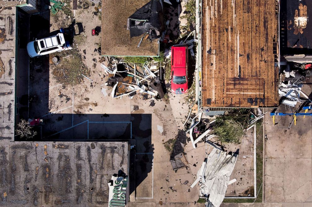 PHOTO: In this aerial view, a storm damaged motel is seen in the aftermath of Hurricane Michael on Oct. 11, 2018 in Panama City, Fla.