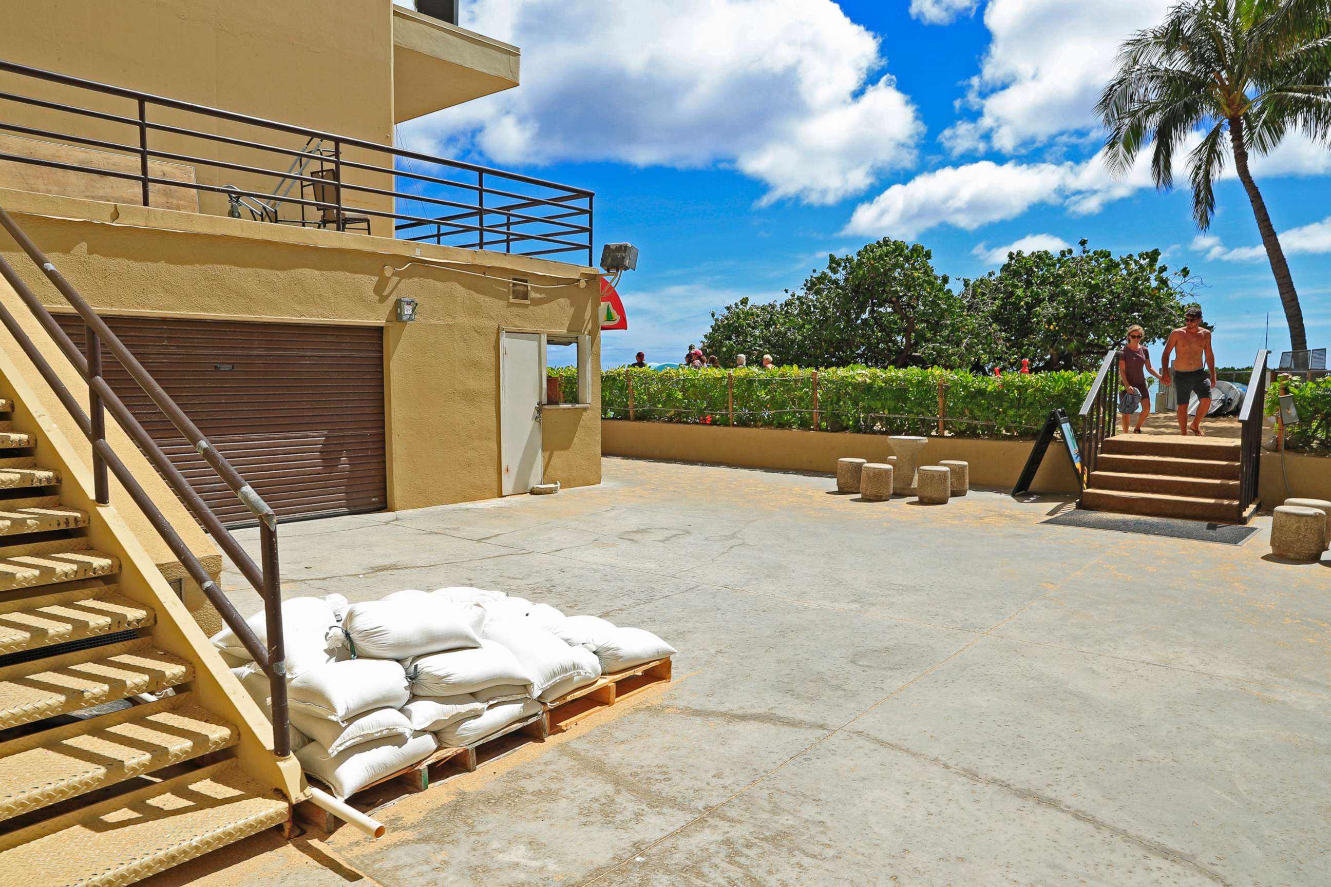 PHOTO: In this Monday, Aug. 20, 2018 photo, sandbags are seen near a stairway at the west end of the Sheraton Waikiki hotel in Honolulu in preparation for Hurricane Lane.