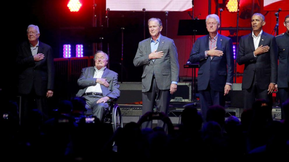 PHOTO: Former Presidents Jimmy Carter, George H.W. Bush, Bill Clinton, George W. Bush, and Barack Obama attend a concert at Texas A&M University benefiting hurricane relief efforts in College Station, Texas, Oct. 21, 2017.