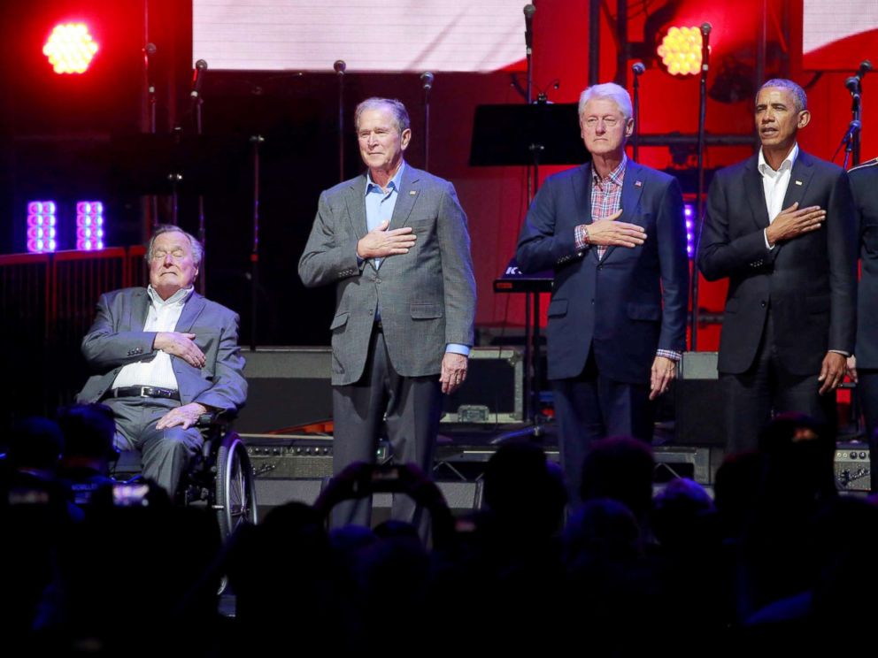 PHOTO: Former Presidents Jimmy Carter, George H.W. Bush, Bill Clinton, George W. Bush, and Barack Obama attend a concert at Texas A&M University benefiting hurricane relief efforts in College Station, Texas, Oct. 21, 2017.