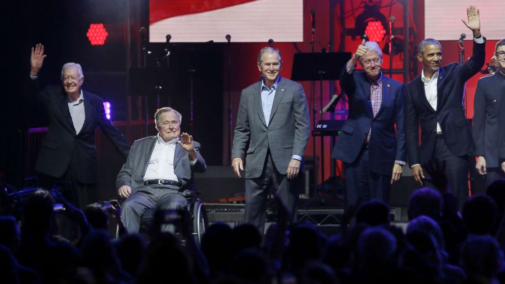 PHOTO: Former Presidents Jimmy Carter, George H.W. Bush, Bill Clinton, George W. Bush, and Barack Obama attend a concert at Texas A&M University benefiting hurricane relief efforts in College Station, Texas, Oct. 21, 2017.