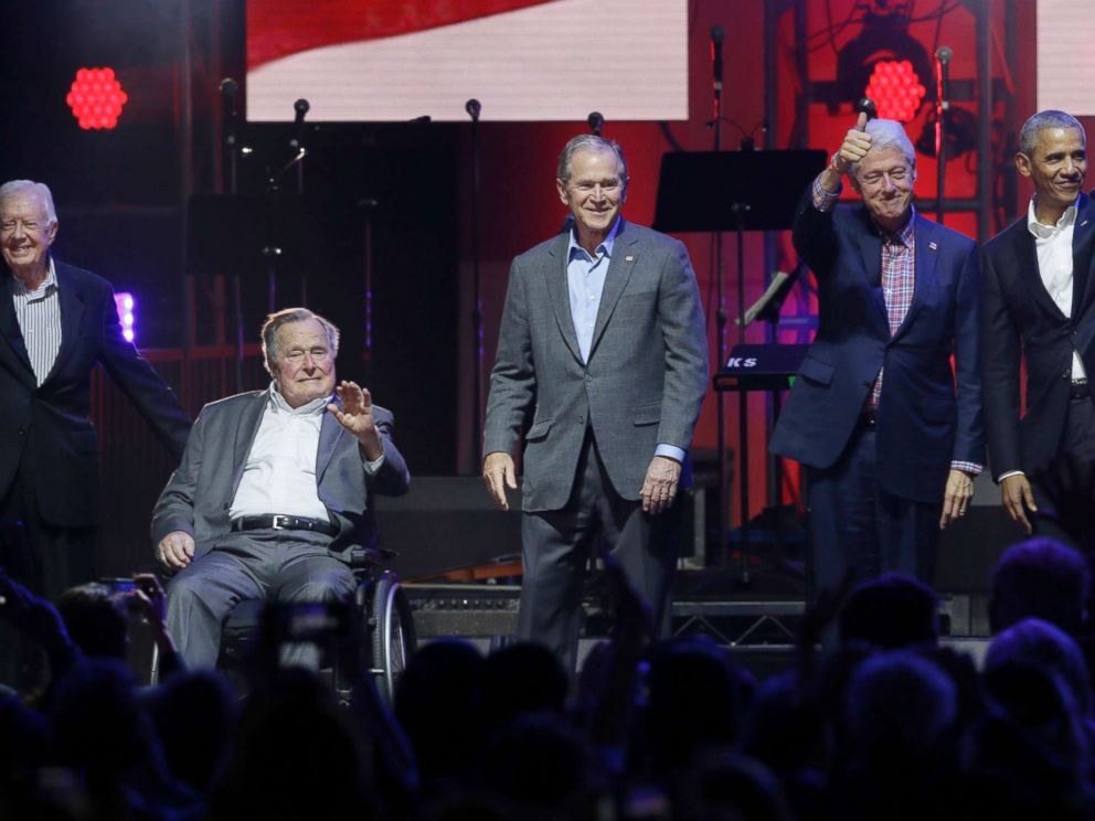 PHOTO: Former Presidents Jimmy Carter, George H.W. Bush, Bill Clinton, George W. Bush, and Barack Obama attend a concert at Texas A&M University benefiting hurricane relief efforts in College Station, Texas, Oct. 21, 2017.