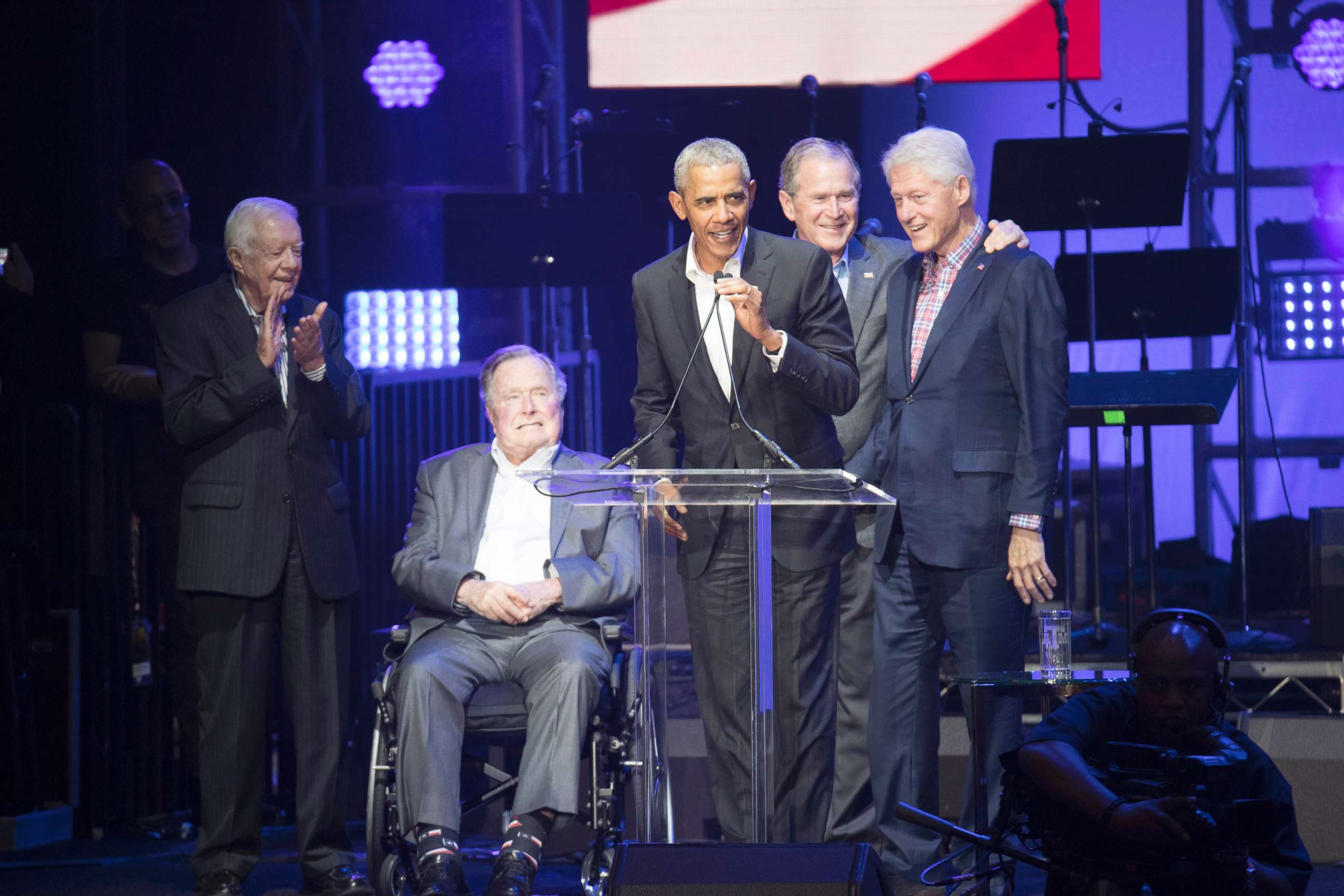 PHOTO: Former Presidents Jimmy Carter, George H.W. Bush, Barack Obama, George W. Bush and Bill Clinton attend a concert at Texas A&M University benefiting hurricane relief efforts in College Station, Texas, Oct. 21, 2017.