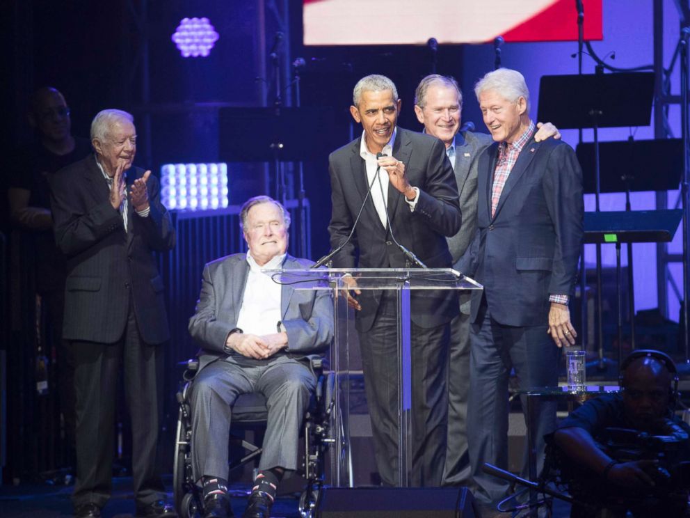 PHOTO: Former Presidents Jimmy Carter, George H.W. Bush, Barack Obama, George W. Bush and Bill Clinton attend a concert at Texas A&M University benefiting hurricane relief efforts in College Station, Texas, Oct. 21, 2017.