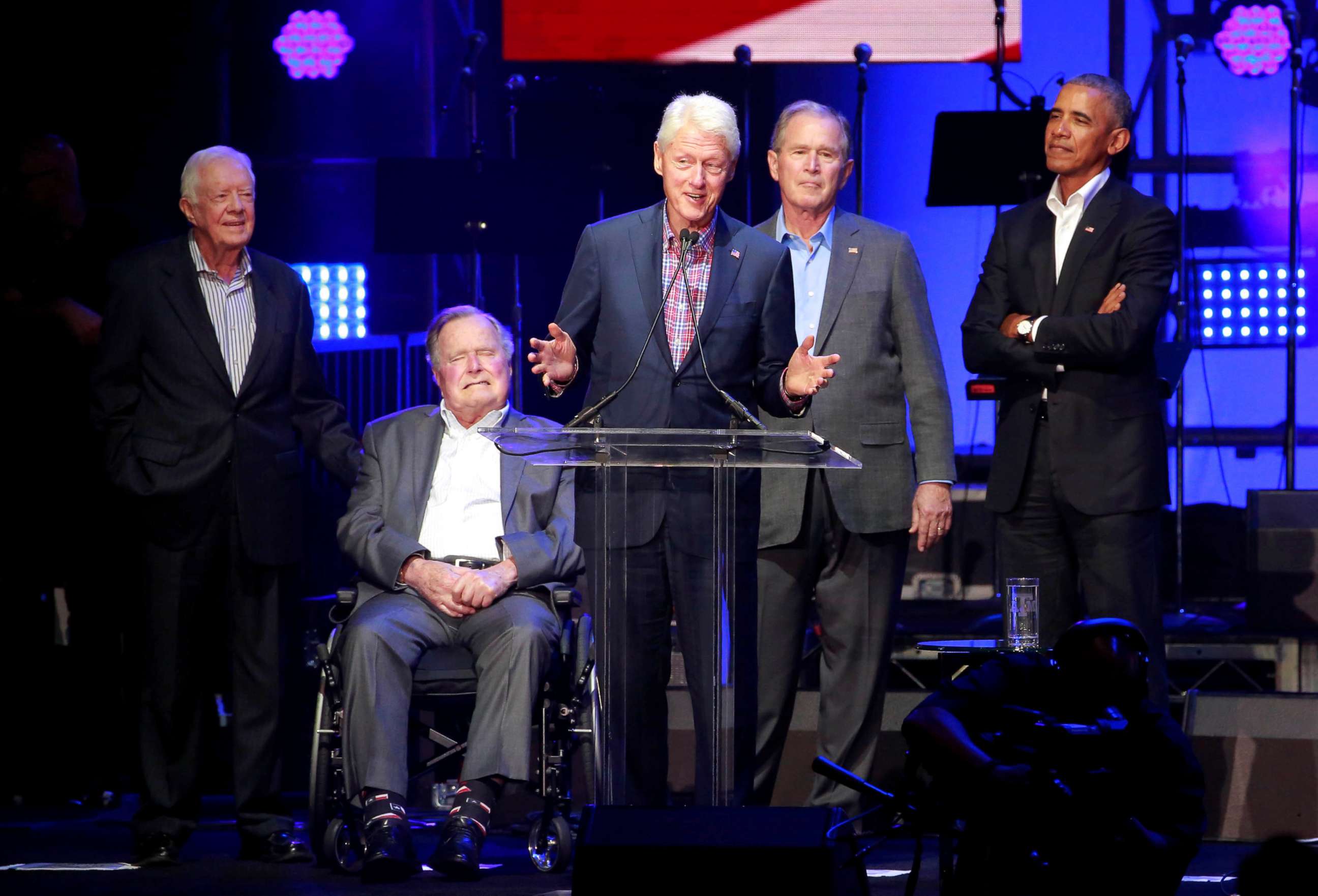 PHOTO: Former Presidents Jimmy Carter, George H.W. Bush, Bill Clinton, George W. Bush, and Barack Obama attend a concert at Texas A&M University benefiting hurricane relief efforts in College Station, Texas, Oct. 21, 2017.
 