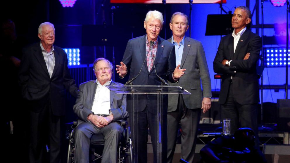 PHOTO: Former Presidents Jimmy Carter, George H.W. Bush, Bill Clinton, George W. Bush, and Barack Obama attend a concert at Texas A&M University benefiting hurricane relief efforts in College Station, Texas, Oct. 21, 2017.
 