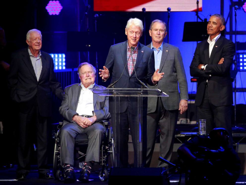 PHOTO: Former Presidents Jimmy Carter, George H.W. Bush, Bill Clinton, George W. Bush, and Barack Obama attend a concert at Texas A&M University benefiting hurricane relief efforts in College Station, Texas, Oct. 21, 2017.