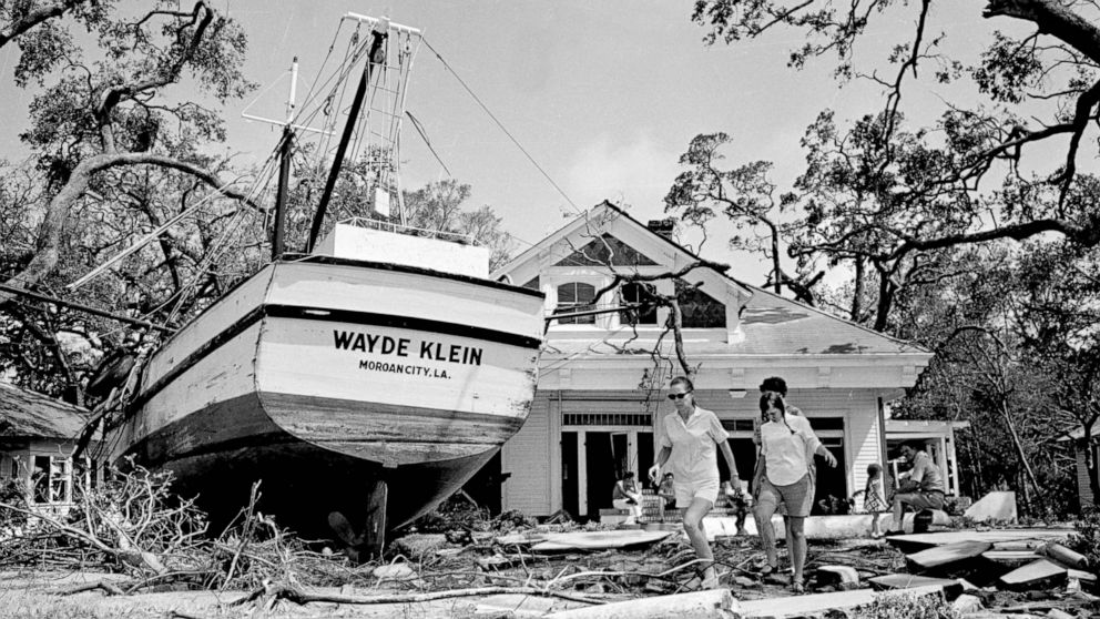 PHOTO: An 85-foot boat was deposited in the yard of a home in Biloxi, Miss., as part of the wreckage of Hurricane Camille. The boat's anchorage is more than 100 yards from the home and floated in on flood tides.