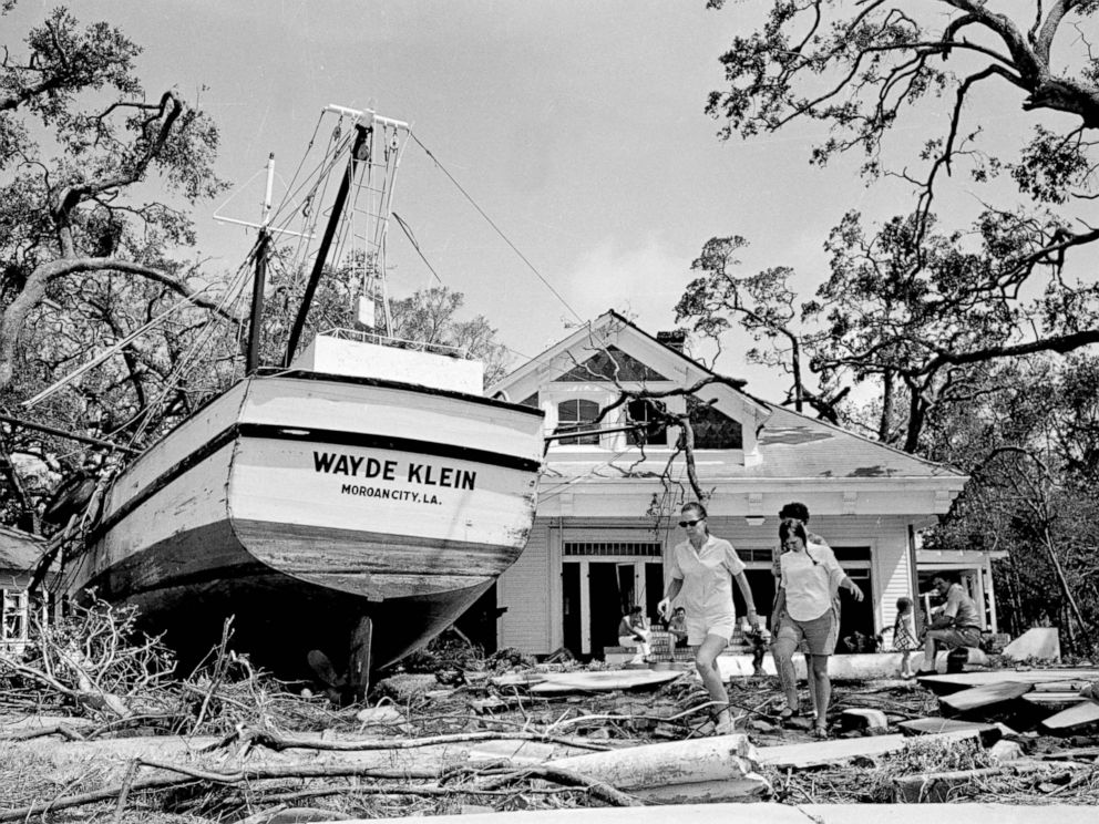 PHOTO: An 85-foot boat was deposited in the yard of a home in Biloxi, Miss., as part of the wreckage of Hurricane Camille. The boats anchorage is more than 100 yards from the home and floated in on flood tides.