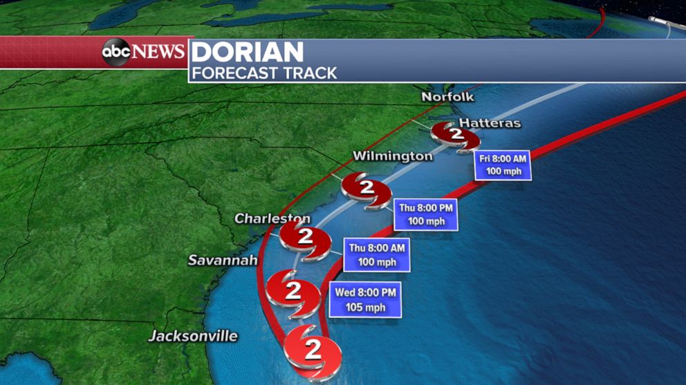 PHOTO: A weather map from ABC News shows the forecast track for Hurricane Dorian.