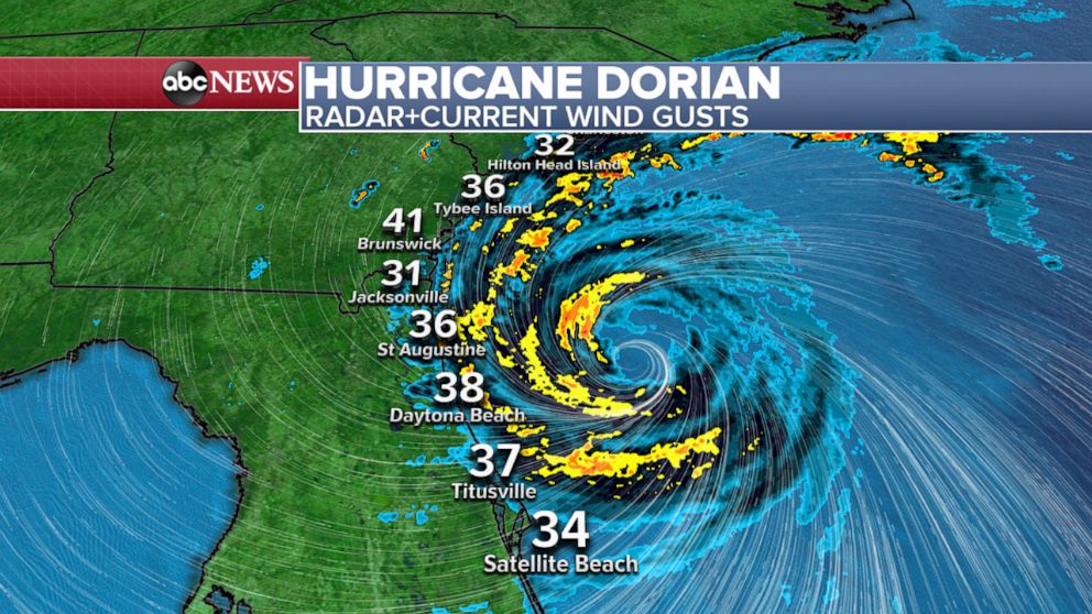 PHOTO: An ABC News weather map shows the radar and current wind gusts for Hurricane Dorian, Sept. 4, 2019.