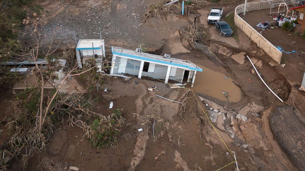 PHOTO: A house lays in the mud after it was washed away by Hurricane Fiona at Villa Esperanza in Salinas, Puerto Rico, on Sept. 21, 2022.