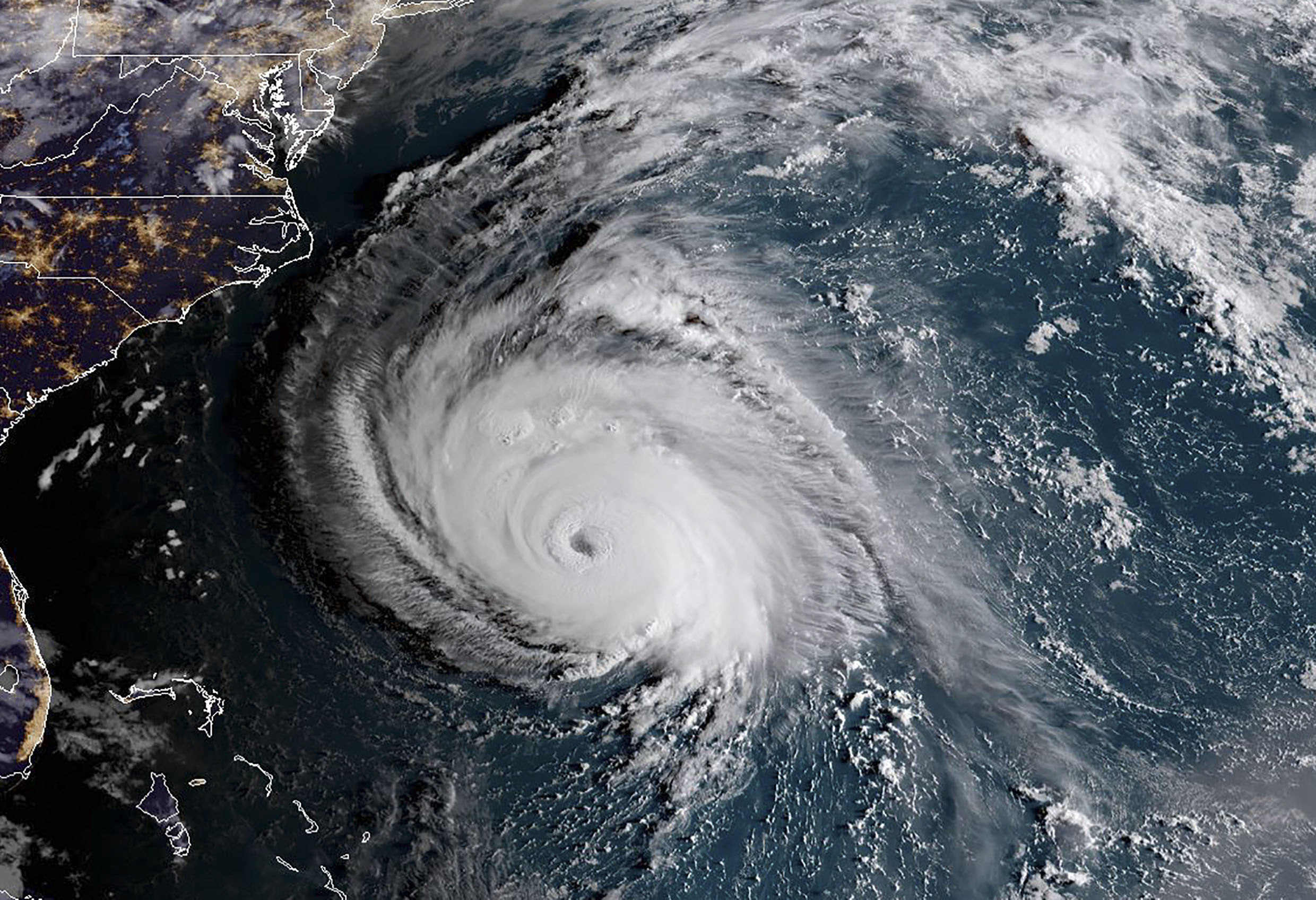 PHOTO: This NOAA/RAMMB satellite image taken at 6:00 ET on Sept. 12, 2018, shows Hurricane Florence off the US east coast in the Atlantic Ocean.