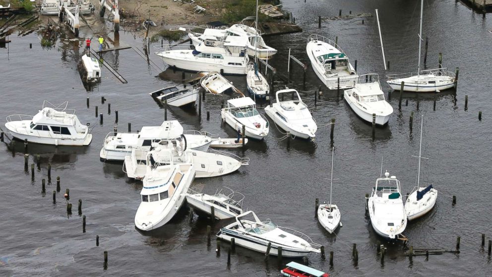 Boats are stacked up on each other in a marina as a result from Florence in New Bern, N.C., Sept. 15, 2018.