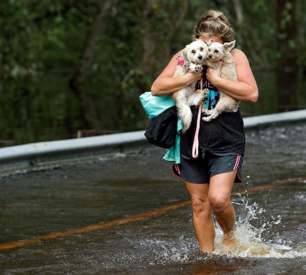PHOTO: Lisa Shackleford hugs her pet dogs Izzy and Bella as she wades through flood waters to safety while the Northeast Cape Fear River breaks its banks in the aftermath Hurricane Florence in Burgaw, North Carolina, Sept. 17, 2018.