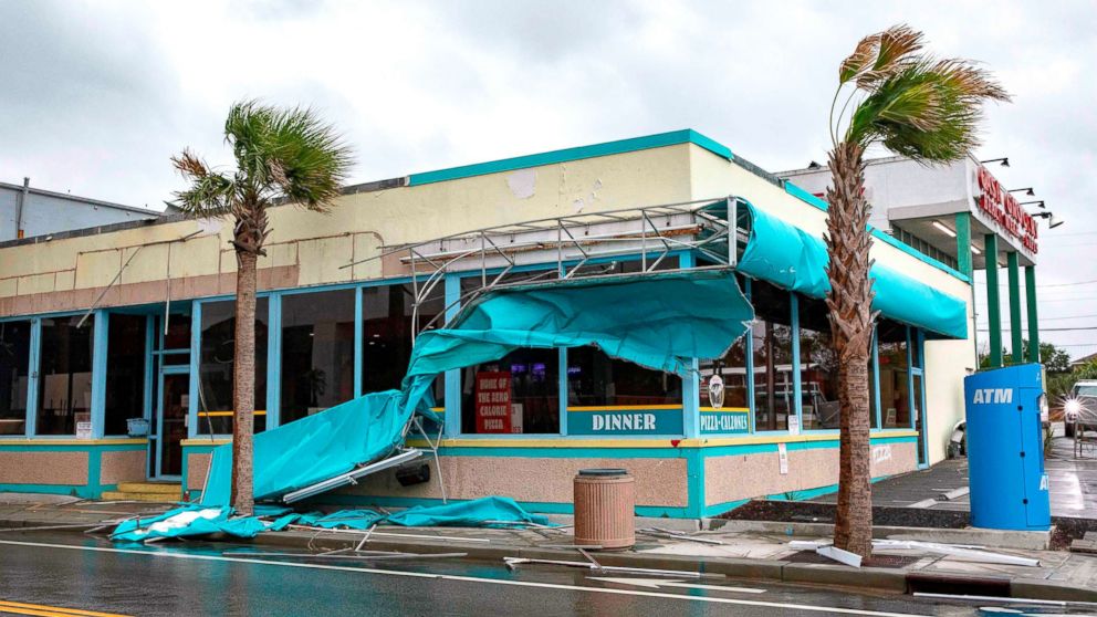 PHOTO: Storm damage caused by high winds is seen on Ocean Avenue as the outer bands of Hurricane Florence make landfall on Sept. 14, 2018, in Myrtle Beach, S.C.
