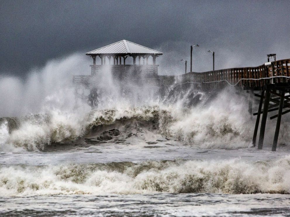 PHOTO: Waves slam the Oceana Pier & Pier House Restaurant in Atlantic Beach, N.C., Sept. 13, 2018 as Hurricane Florence approaches the area.