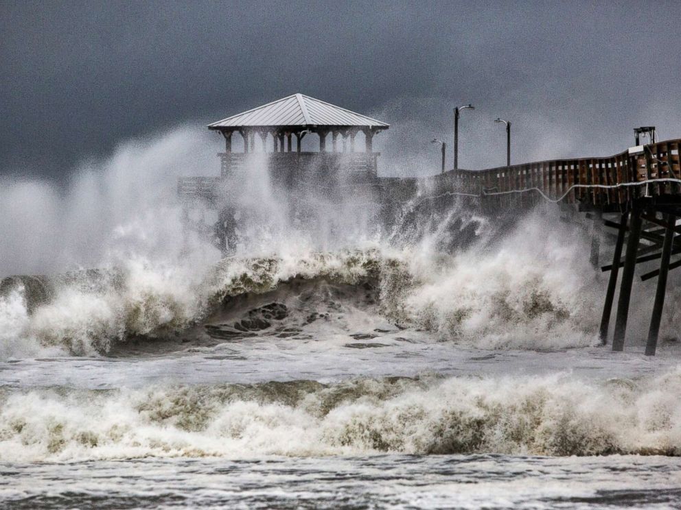 PHOTO: Waves slam the Oceana Pier & Pier House Restaurant in Atlantic Beach, N.C., Sept. 13, 2018 as Hurricane Florence approaches the area.