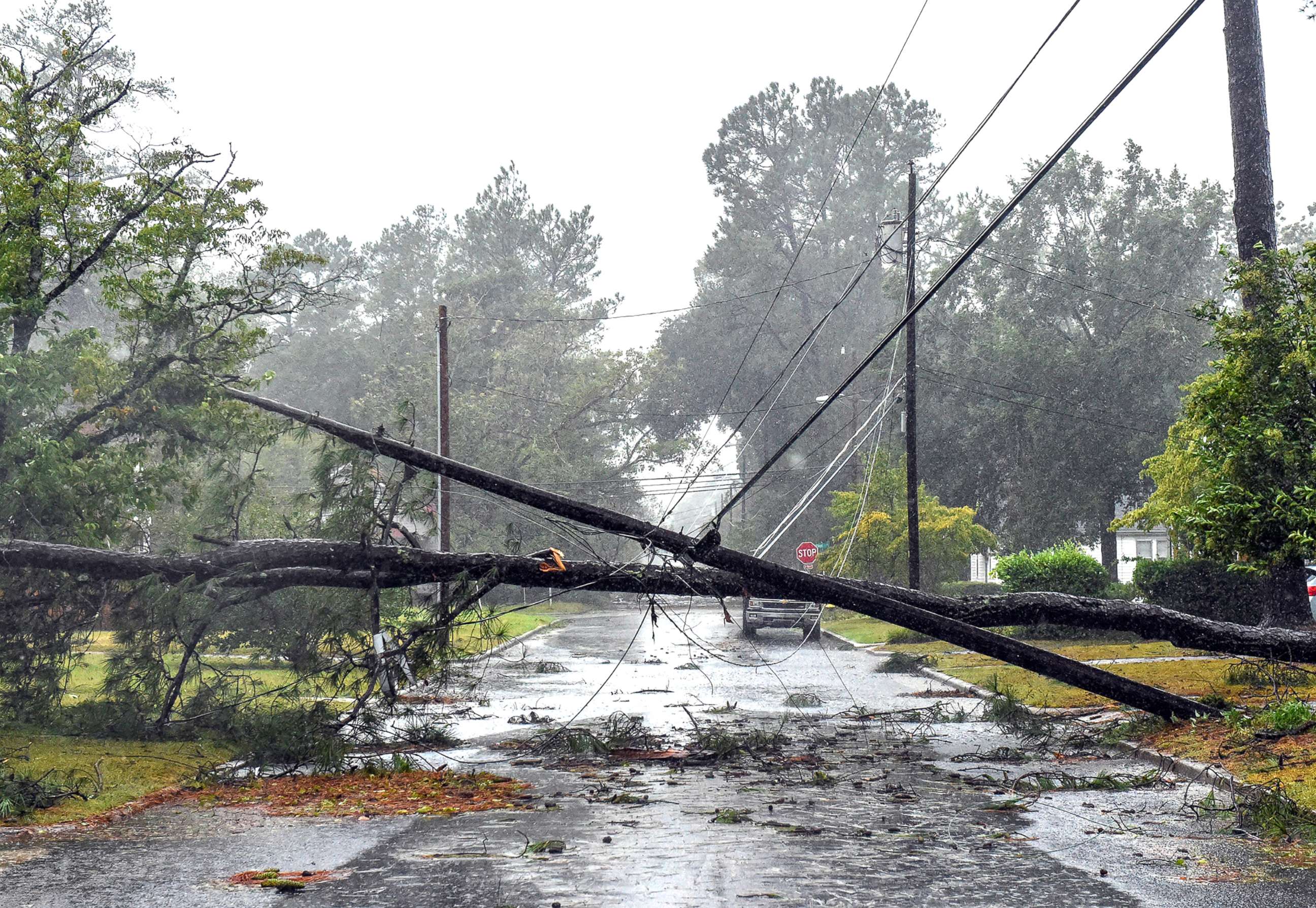 PHOTO: Tropical Storm Florence continues to unleash massive amount of rain on Lumberton, N.C., on Sept. 15, 2018, causing downed trees and power lines and minor flooding in areas.
