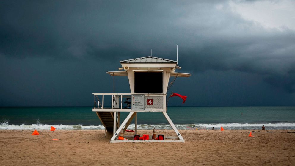PHOTO: A lifeguard tower is seen on the shore in at Las Olas Beach in Fort Lauderdale, Florida on September 2, 2019.