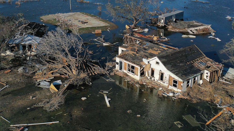 PHOTO: An aerial view of flood waters from Hurricane Delta surrounding structures destroyed by Hurricane Laura on Oct. 10, 2020, in Creole, Louisiana.