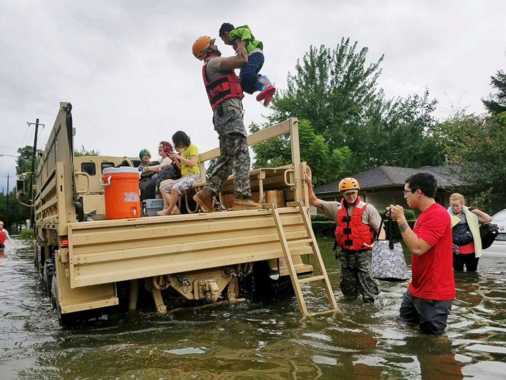 PHOTO: Texas National Guard soldiers arrive to aid citizens in heavily flooded areas from the storms of Hurricane Harvey in Housto, Aug., 27, 2017.