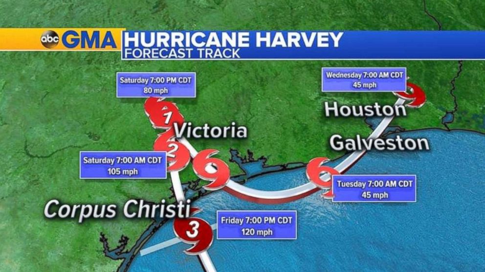 PHOTO: A forecast model shows Hurricane Harvey making landfall in Texas just east of Corpus Christi around 12 a.m. CDT, Aug. 26, 2017
