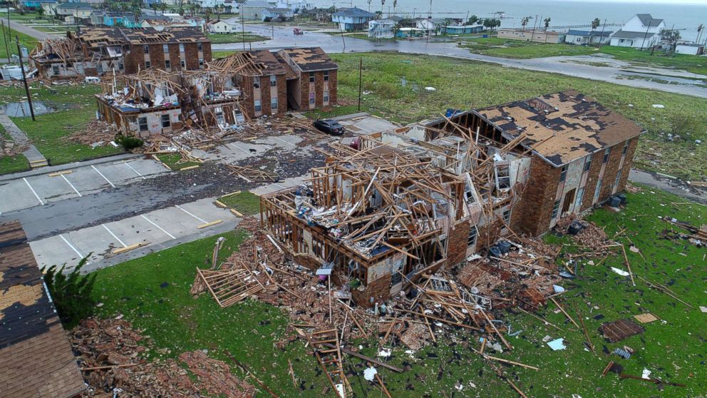 PHOTO: Aerial footage shows damage to Salt Grass Landing Apartments in Rockport, Texas., after Hurricane Harvey. 