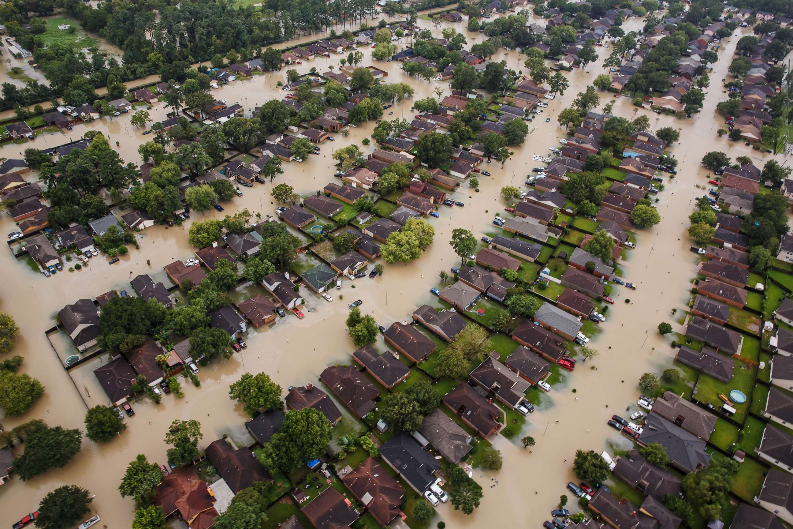 PHOTO: Residential neighborhoods near interstate 10 sit in floodwater in the wake of Hurricane Harvey in Houston, Aug. 29, 2017