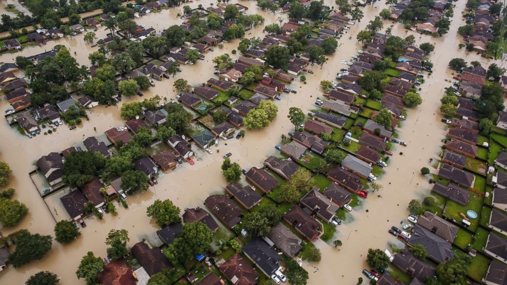 PHOTO: Residential neighborhoods near interstate 10 sit in floodwater in the wake of Hurricane Harvey in Houston, Aug. 29, 2017